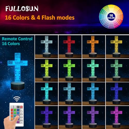Image of FULLOSUN Jesus Cross 3D Night Light, Christ Optical Illusion Lights 16 Colors Change with Remote Control, The Lord Desk Lamps Room Home Decor Xmas Birthday Easter Gifts