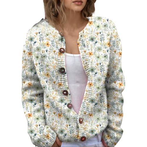 Women's Floral Boho Button Down Cardigan Sweater Long Sleeve Chunky Oversized Sweaters Casual Trendy Fall Tops Coat