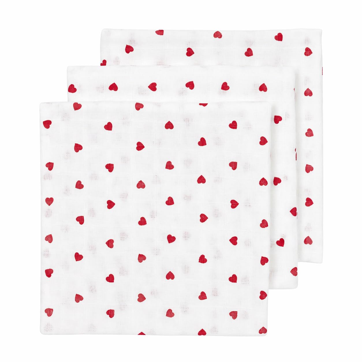 Meyco Baby Muslin, Sweet Heart White/Red, 70 x 70 cm, Pack of 3, Oeko-Tex Standard 100