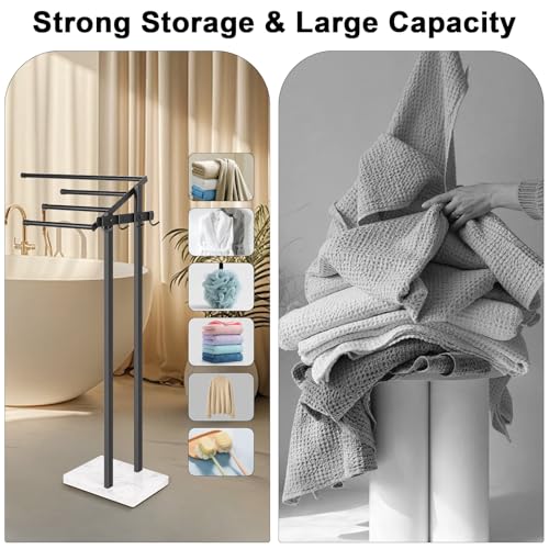 Image of Towel Rack for Bathroom, 36 inch H Towel Holder Stand, Bath Towels Sheet Holder with Marble Base, Standing Rack for Home Pool Outdoor Floor, Store Family Member Towels (Black, 36 inch H-Hooks)