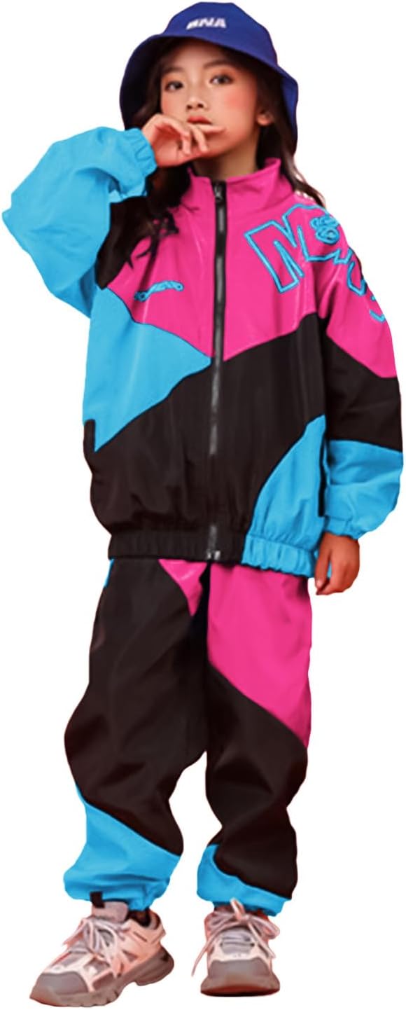 LOLANTA Boys' Girls' Color Block Jacket Track Pants Sets Hip Hop Dance Patchwork Clothes Unisex Streetwear
