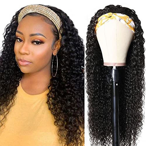 Headband Wigs Human Hair Deep Wave for Black Women None Lace Front Wigs Glueless Headband Wig Brizilian Virgin Hair Natural Black 150% Density (22")