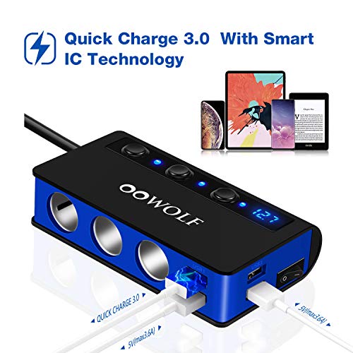 Image of OOWOLF Quick Charge 3.0 Cigarette Lighter Adapter,180W 12V /24V 3-Socket DC Power Car Splitter with 6.6A 4 USB Ports,LED Display Voltage, Individual Switch (Blue)