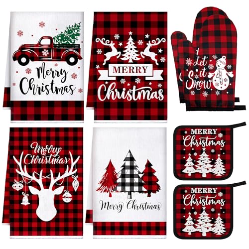 Bencailor 8 Pcs Christmas Kitchen Towel Oven Mitts and Pot