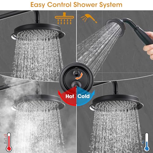 Image of Antique Rain Shower Head with Handheld Spray, Matte Black Rain Shower System with Rough-in Balance Pressure Valve, 9 inch Bathroom Luxury Rain Fall Shower Head Wall Mount Round, (B2312-BK)