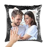 Custom Sequin Pillow, Personalized Magic Reversible Cushion with Your Picture(Inserts Included), Decorative Personalized Gifts for Women, Mom, Christmas, Birthday, 16''x16'' (Black)