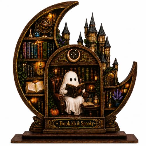 Bookish and Spooky Halloween Decor Castle Bookshelf Scene with Reading Ghosts, Wooden Ghost Decor for Bookshelf, Halloween Home Decor, Cozy Library Decor, Book Lover Gifts for Women, Book Gifts 6.9x6.7 inches