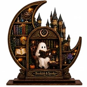 Halloween Decor, Bookish and Spooky Cute Halloween Decorations Castle Bookshelf Scene with Reading Ghosts, Wooden Ghost Decor for Bookshelf, Cozy Library Decor, Book Lover Gifts for Women 6.9×6.7 inches