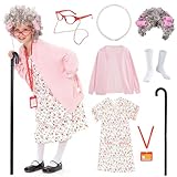FAYBOX 9 pcs Old Lady Costume for Kids,100 Days of School Costume Old Lady Wig for Girls, Granny Grandma Dress Up