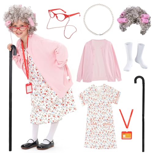 FAYBOX 9 pcs Old Lady Costume for Kids,100 Days of School Costume Old Lady Wig for Girls, Granny Grandma Dress Up