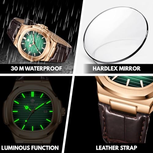 Image of Men Octagonal Rose Gold Luxury Watch for Boy Black Striped Dial, Date Display, Luminous Markers, 30M Waterproof, Leather Strap, Quartz Movement