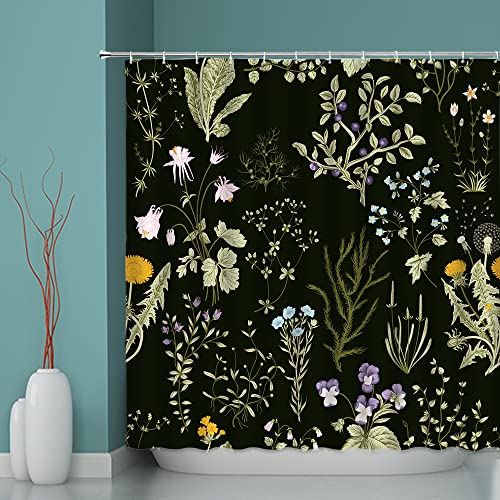 Ueauun Black Floral Shower Curtain Watercolor Flower Herbal Plant Green Leaves Wildflower Herbs Vintage Natural Fabric Bathroom Curtains Decor Set With Hooks #TOP1