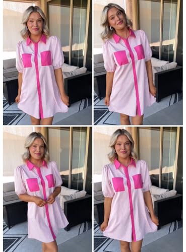 Image of AlvaQ Women Dress Summer 2025 Casual V Neck Short Sleeve Button Down Striped Tunic Dresses with Pockets