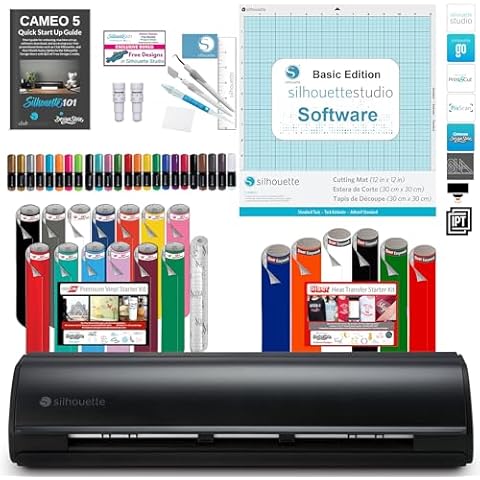 Silhouette America Silhouette Cameo 5 Bundle with Vinyl Starter Kit, Heat Transfer Starter Kit, 24 Pack of Pens, Tool Kit, Cameo 5 Start Up Guide with Extra Designs (Matte Black) Cover