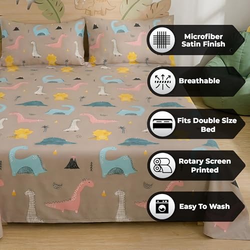 Image of Story@Home Kids Dinosaur Theme Double Bed Bedsheet Set 225x250 cm with 2 Pillow Covers | 180 TC Cotton Feel Fabric | Dino Brown T-Rex & Dino Print | Soft, Durable & Skin Friendly