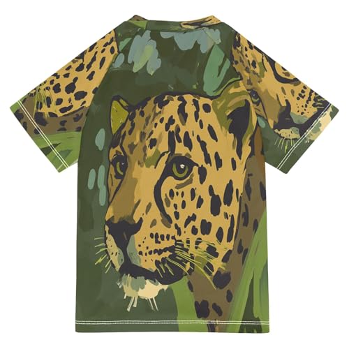 Boys Short Sleeve T-Shirts Camo Leopard Green Rashguard Kids Swim Shirts Sun UPF 50+2