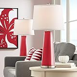 Leo Modern Contemporary Table Lamps Set of 2 Ribbon Red Glass Tapered Column Plain White Drum Shade Decor for Living Room Bedroom House Bedside Nightstand Home Office Family - Color + Plus