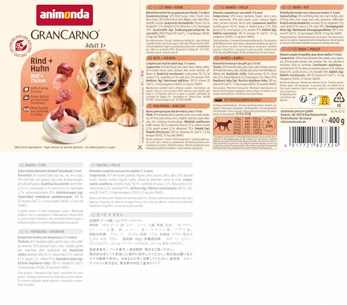 animonda GranCarno Hunde Nassfutter mit Rind + Huhn (6 x 800 g), getreidefreies Hundenassfutter ohne Zucker, für ausgewachsene Hunde, mit frischen fleischigen Zutaten