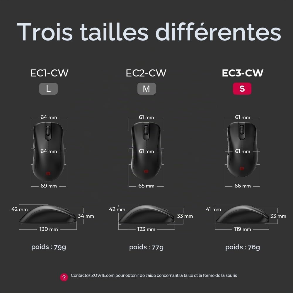 BenQ Zowie EC3-CW Souris de Jeu Ergonomique sans Fil pour Esports | Récepteur amélioré | Roue de défilement à 24 Niveaux | sans conducteur | Revêtement Noir Mat | Petite Taille