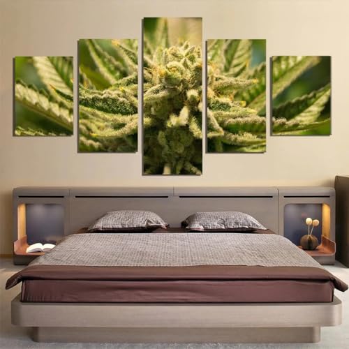 Tableau marijuana en 5 parties decoration murale sur cadre pour salon et cuisine
