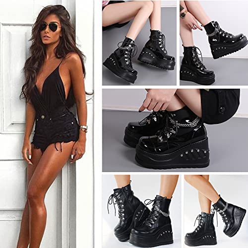 femflame Women's Platform Boots Goth Punk Block Heel Mid Calf Boots with Chain Studded Combat Boots Motorcyle Boots