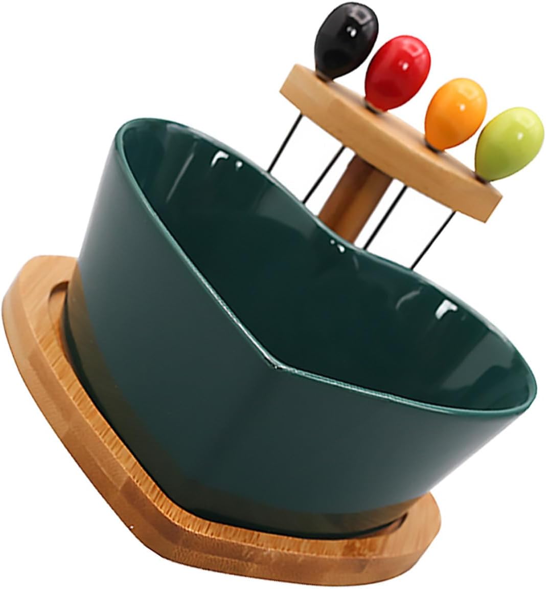 Ceramic Salad Bowl with Fork Set, Heart-shaped Porcelain Fruit Dessert Bowl, Green Tableware for Household Dining and Snack Serving