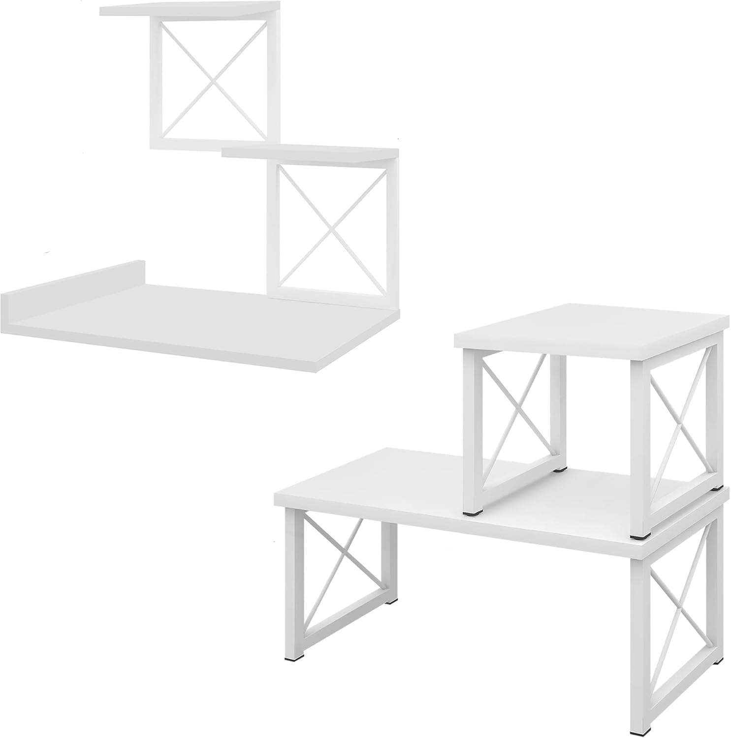 ELITEROO Wood Desktop Shelf, 3 Tier Desk Shelves + 2 Tier Stackable Desk Stand Set, Freestanding Small Bookshelf Organizer, Adjustable Independent Storage Organizers for Dorm Office Home