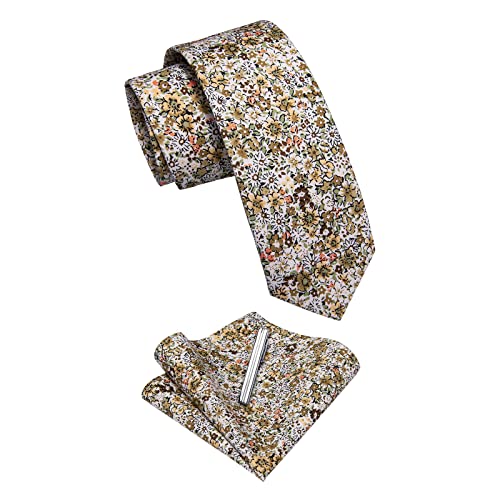 Image of YourTies Cotton Floral Tie for Men 2.5 inch Printed Skinny Necktie Pocket Square Tie Clip Set Flower Wedding Party Groom