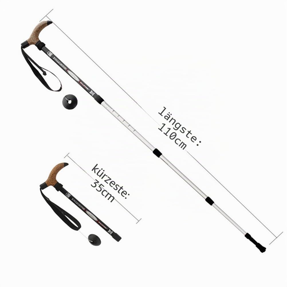 KRY Bergstock / Wanderstock, T-förmiger Griff, einziehbar, aus Luftfahrt-Aluminiumlegierung, verstellbare Teleskopstange, Stoßdämpfung, schwarz