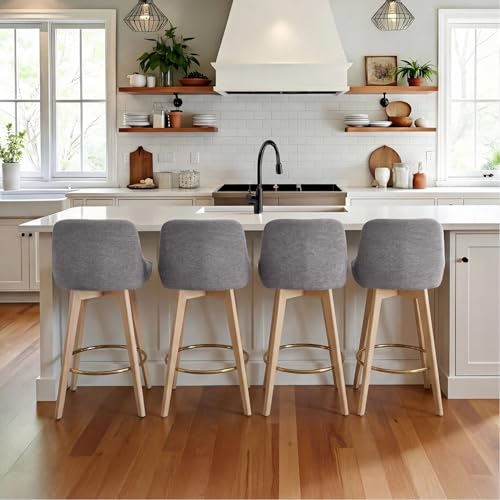 Image of Zesthouse Swivel Counter Height Stools Set of 4, 26 inch Wooden Barstools with Back & Solid Wood Legs, Modern Upholstered Bar Stools for Kitchen Island, Grey Linen Fabric Counter Height Chairs