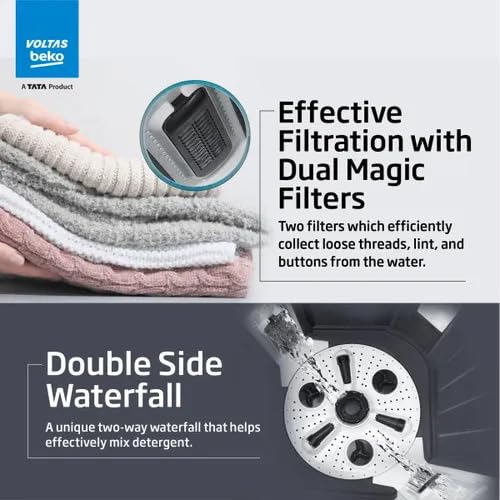 Image of Voltas Beko by A Tata Product 9 kg washing machine With Soft Closing door, Water proof IPX4 protection, Special Pulsator and Double Waterfall Semi Automatic Top Load Black, Grey (WTT90UDX /BKGR4KGTD)