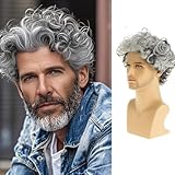 Beweig Short Culry Grey Wig for Men Short Wavy Cosplay Layered Wigs, Grey mixed White