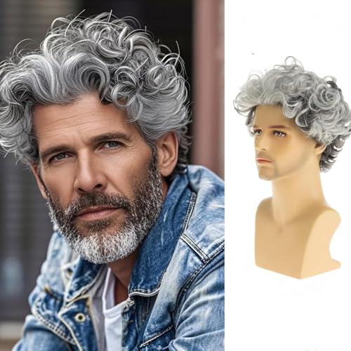 Beweig Short Culry Grey Wig for Men Short Wavy Cosplay Layered Wigs, Grey mixed White