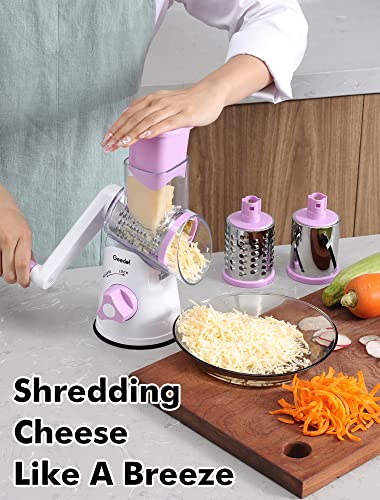 Image of Geedel Rotary Cheese Grater, Kitchen Mandoline Vegetable Slicer with 3 Interchangeable Blades, Easy to Clean Rotary Grater Slicer for Cheese, Vegetables, Nuts
