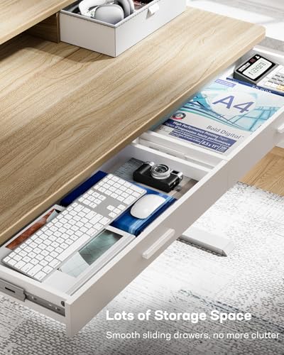 Image of HUANUO 48 x 30 inch Electric Standing Desk with 4 Drawers, Adjustable Height Sit Stand Home Office Desk with Two Tiers, Ergonomic Adjustable Stand up Desk C-Clamp Monitor Mount Compatible, Natural