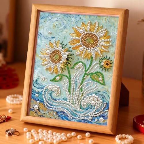 Image of PATPAT Pearl Painting Kit for Adults, Sunflower Glass Art Frame 22x17cm
