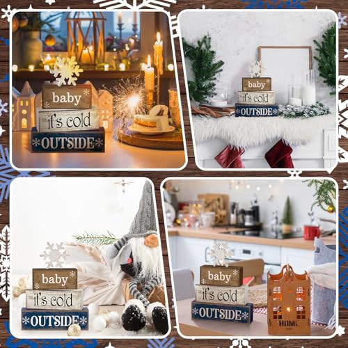Image of Moucuny 4 Pcs Christmas Table Decoration Winter Wooden Stacked Block, Baby It's Cold Outside Signs with Snowflake Topper, Rustic Christmas Tiered Tray Decor Snowflake Decor for Home Office Shelf
