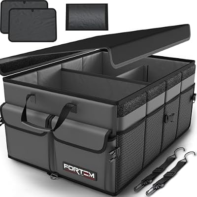 FORTEM Organizador Maletero Coche, Caja Plegable SUV con Compartimentos, Accesorios Auto Mujer Hombre, Tela Oxford 600D, Base Antideslizante, Correas Ajustables, Tapa Suave (65L)