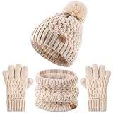 DOCVIT Kinder Bommel Winter Beanie Mütze Scart Handschuhe Set,Jungen Mädchen gestrickt Fleece gefüttert Wollmütze für Kinder Kleinkind 3-9 Jahre
