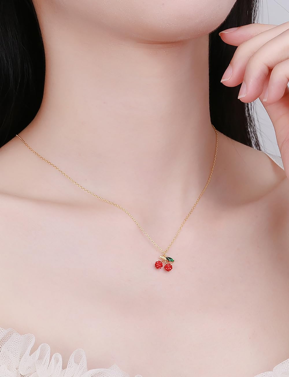 Cute Red Cherry Pendant Necklace for Women Girls 925 Sterling Silver Cubic Zirconia Paved Crystal Fruit Green Leaf Adjustable Chain Choker Necklaces Exquisite Jewelry Gifts for Her with Gift Box - Image 2