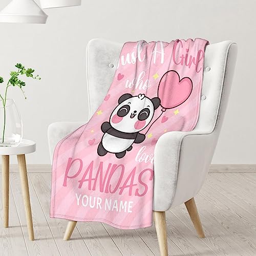 Personalized Panda Blanket Gifts with Name - 60"x80" Cute Throw Blanket for Kids, Adults - Pink Soft Fuzzy Blankets for Bed, Couch & Living Room