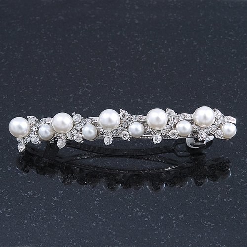 Miniatura 5 de Pinza para el pelo de cristal de perla sintética de tono plateado para novia, 3.346 in de ancho