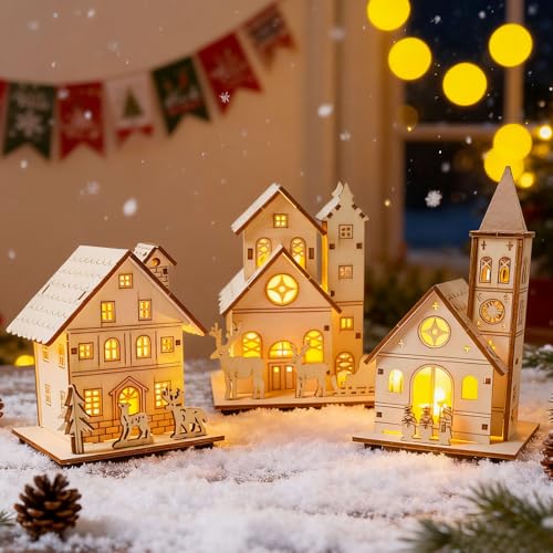 Weihnachtsdorf mit Beleuchtung, 3er Set DIY Miniatur Weihnachtshaus,...