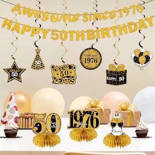 Image of Kuxriox 11Pcs 50th Birthday Decorations Kit for Men Women, Black Gold Happy 50th Birthday Banner, Awesome Since 1976 Centerpieces Swirls Party Supplies, Fifty Bday Banner Ceiling Table Topper Sign