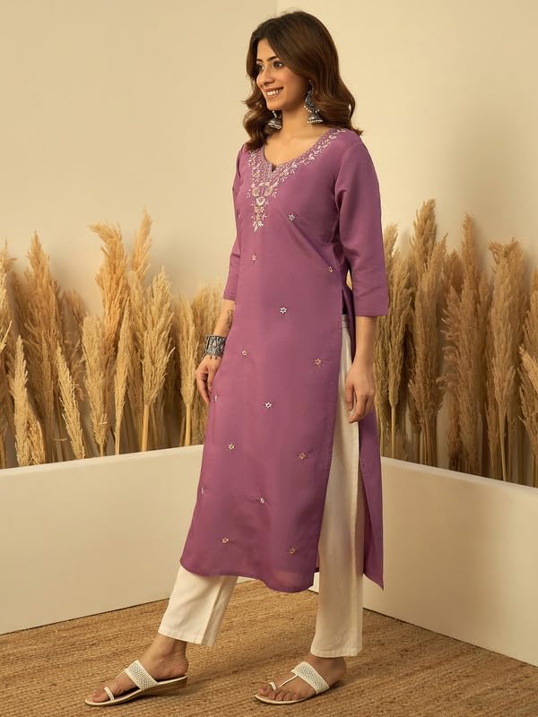 Image of Women's Silk Blend Embroidery Straight Kurta | Ethnic Kurtas for Women | Kurtis for Women Festive, Casual Office Wear Ethnic Kurta for Women
