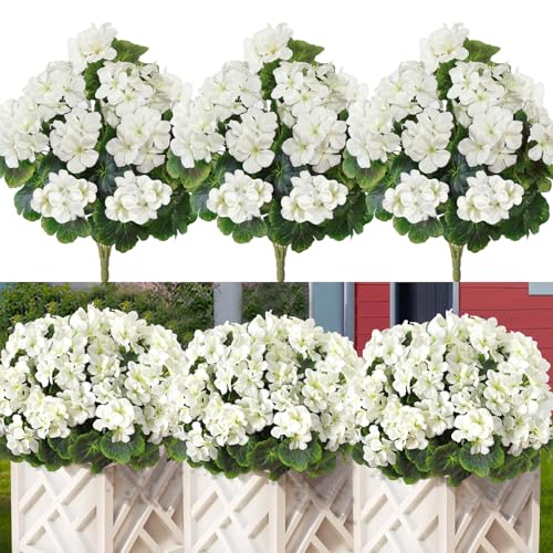 Betylifoy Flores Artificiales al Aire Libre Geranios Artificiales Flores de Seda 3 Manojos de Flores de Plástico Plantas Artificiales Resistentes a los Rayos UV para el Hogar Jardín Florero (Blanco)