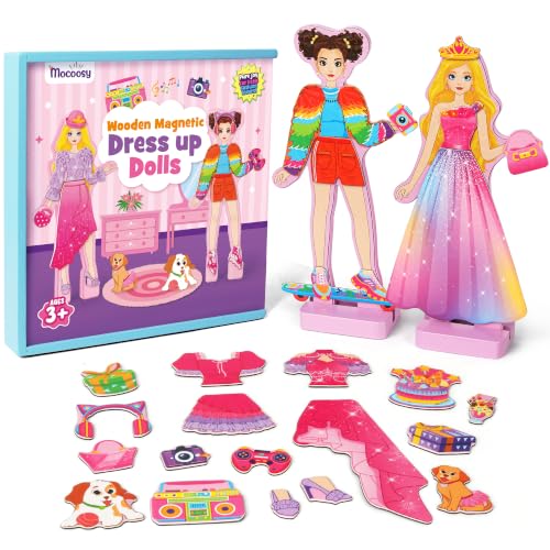 Mocoosy Wooden Magnetic Dress Up Dolls for Kids Pretend Play Magnet Toys with Storage Case Travel Game Airplane Car Road Trip Toy On The Go Activity Set Birthday Gift for Girls 3 4 5 6 7 8 Year Old