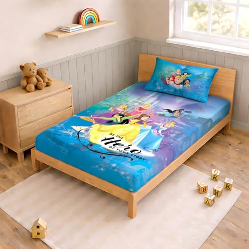 Image of Sassoon Disney Princess (Blue) Digital Printed, Cotton Single Bedsheet, 300 TC, 1 Pillow Cover, Fade Resistant, Bedsheet for Kid's Bedroom, (1.50m X 2.35m)
