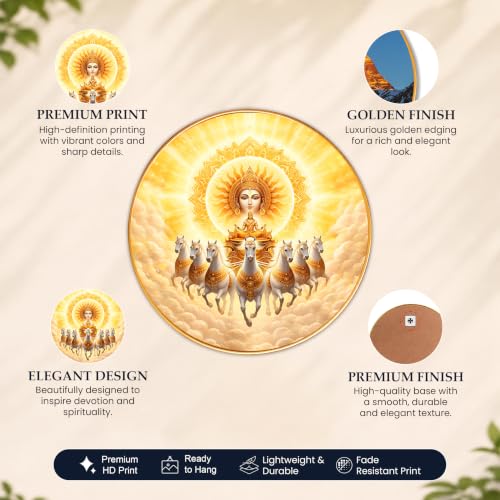 Image of PAINTINGMANTRA 7 Running Horse Wall Art Painting With Frame For Living Room| Seven Horses Surya Dev Vastu Decor Framed Painting | Sun God Spiritual Round Wall Hanging for Home, Office & Gifting, 23 Inch