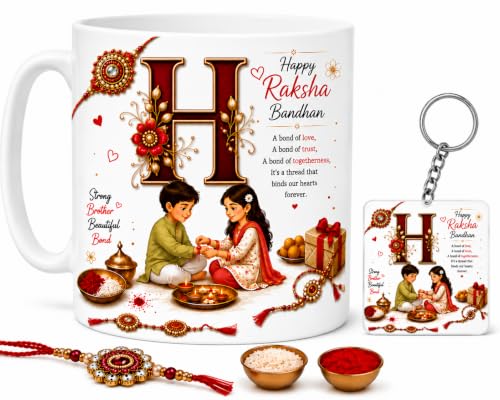 Image of Raksha Bandhan Alphabet H Coffee Mug with Matching Square Keychain | Includes Rakhi, Roli & Chawal | 350 ML Ceramic Printed Cup | Brother Sister Festival Collection